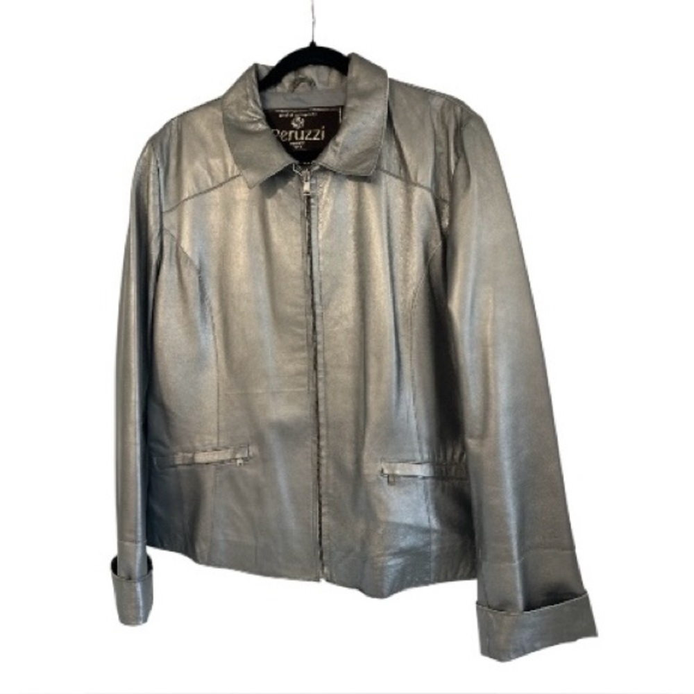 Peruzzi | Luxurious Italian Silver Leather Jacket | Size XL (14-16)